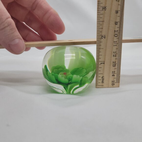 Handcrafted Green Floral Glass Paperweight Vintage Desk Decor - Picture 5 of 13